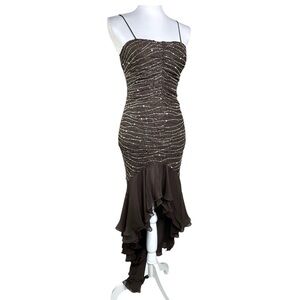 Vintage Silk Beaded Slip Dress Brown Whimsigoth Evening Formal High Low Gown.